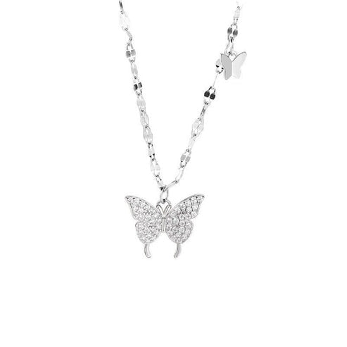 Silver Butterfly Pendant Necklace with Crystal Accents