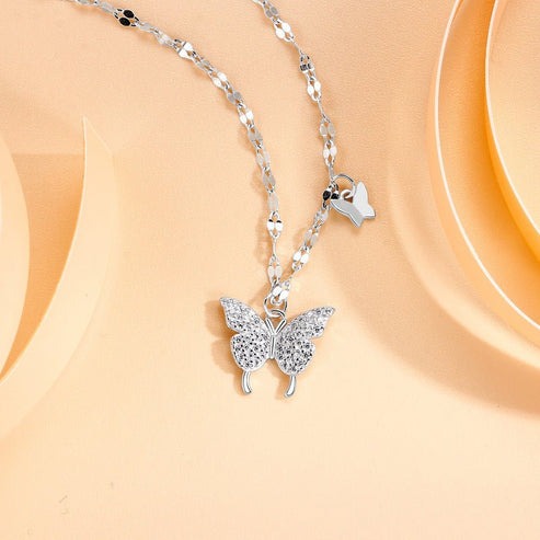 Silver Butterfly Pendant Necklace with Crystal Accents