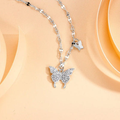 Silver Butterfly Pendant Necklace with Crystal Accents