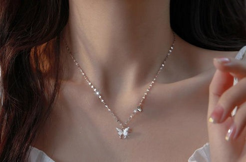 Silver Butterfly Pendant Necklace with Crystal Accents