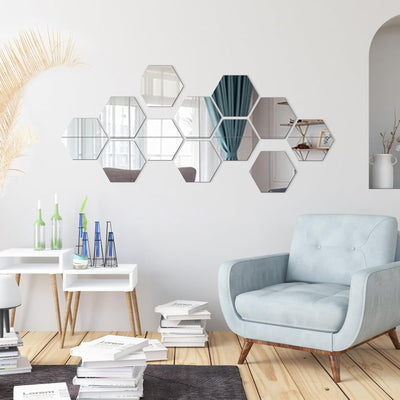 12- Piece Hexagon Acrylic Wall Mirror Stickers – Self-Adhesive Flexible Mirrors for Home Wall Decoration – Gold/Silver