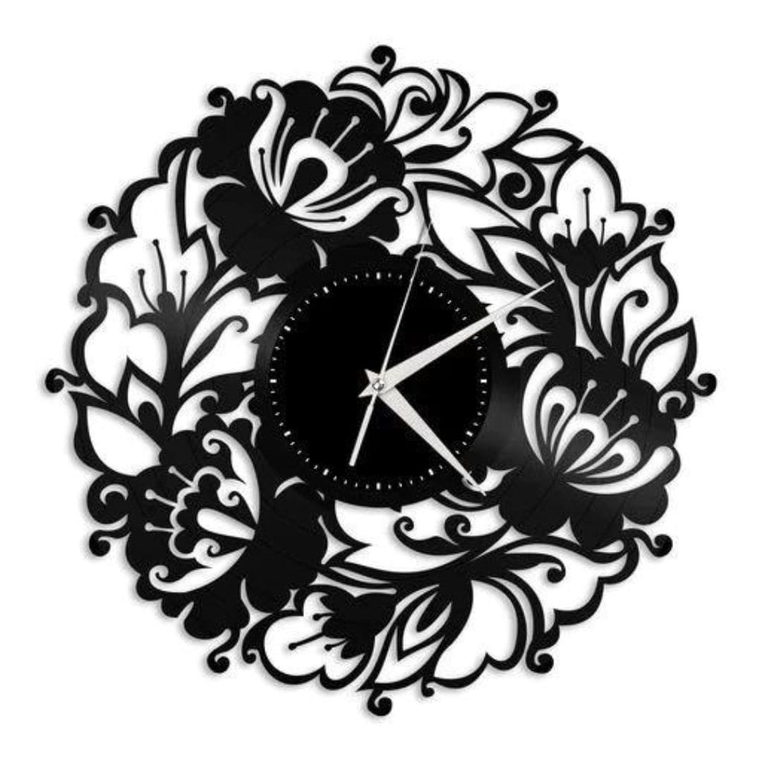 Large Vinyl Wall Clock with Cut Flower Design – Eco-Friendly Home Decor