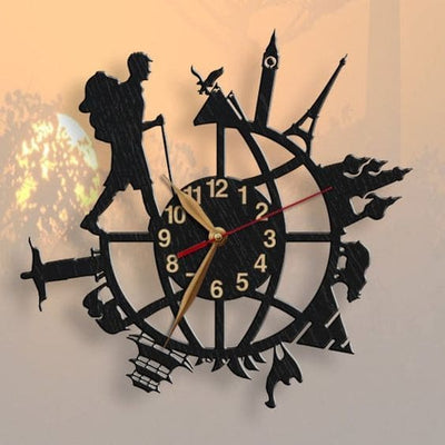 Backpacking Traveler Wall Clock – Man or Woman Design (60×60 cm, Black/Gold/Silver)