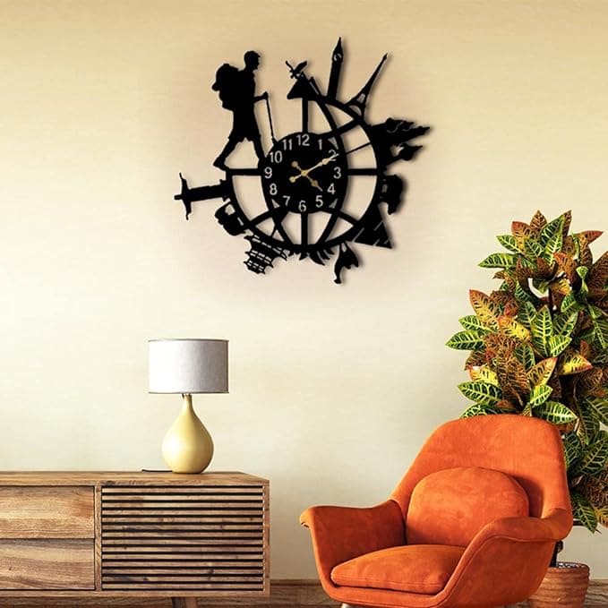 Backpacking Traveler Wall Clock – Man or Woman Design (60×60 cm, Black/Gold/Silver)